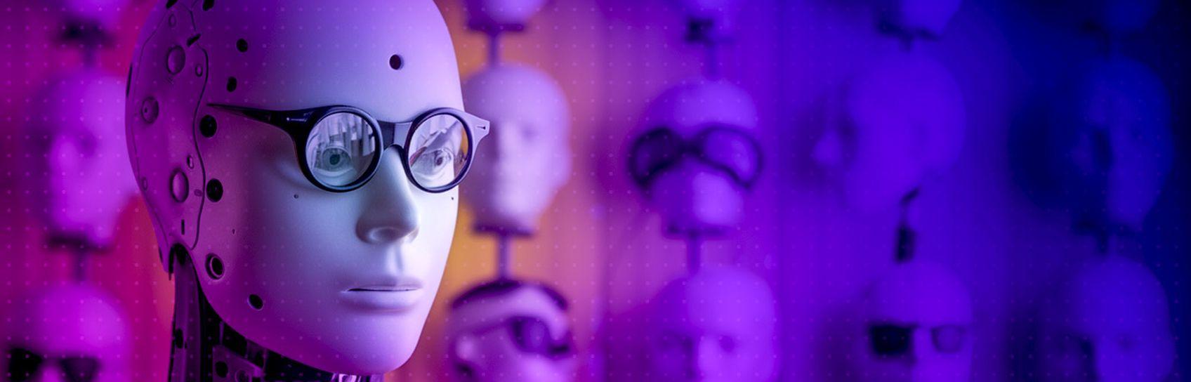 An AI Humanoid Crash Test Dummy wearing glasses with a wall of heads to choose from behind it.