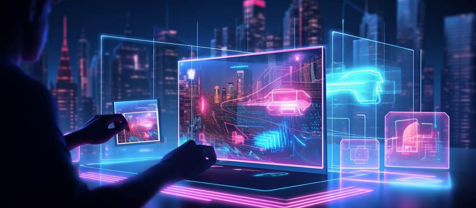Neon sci-fi concept of a website developer moving holographic elements around by hand