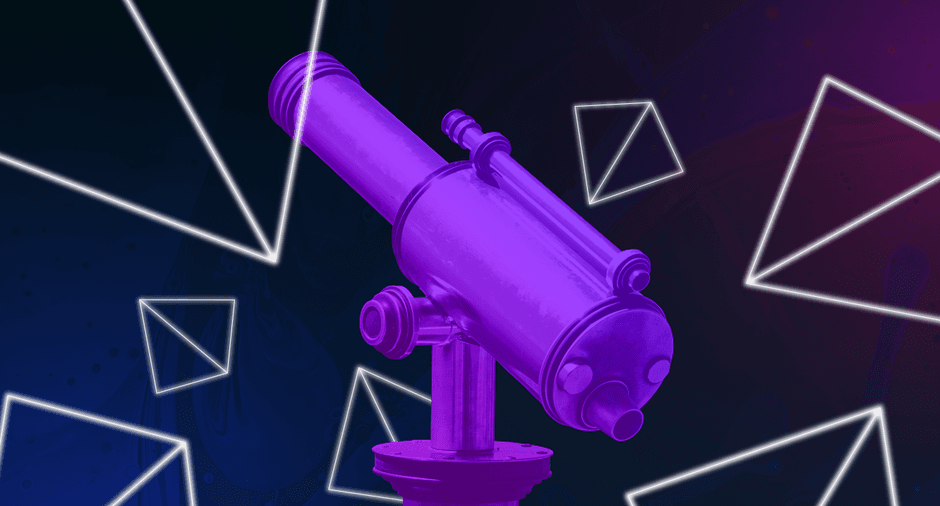 Telescope with wireframe pyramids on neon background.