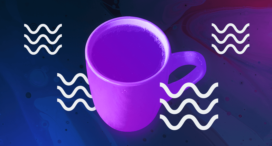 Hot drink in mug with wave icons surrounding it.