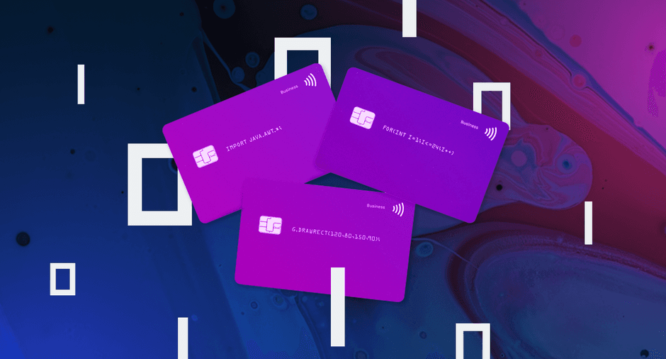 Credit cards with binary icons on neon background.