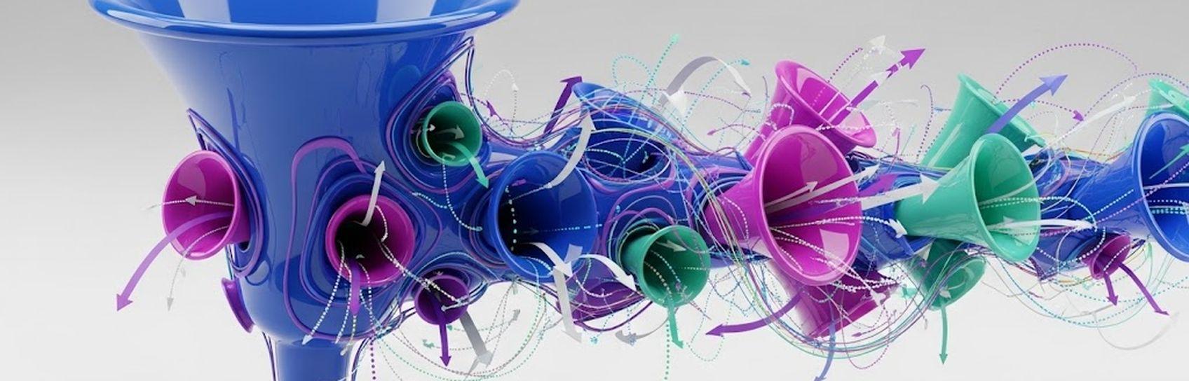 Abstract 3D artwork featuring interconnected blue, pink, and teal horn-like shapes with swirling arrows and lines on a gray background.
