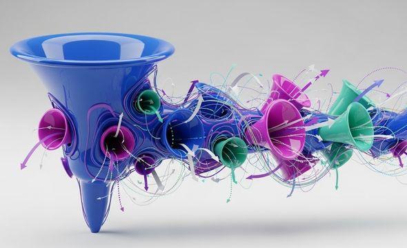 Abstract 3D artwork featuring interconnected blue, pink, and teal horn-like shapes with swirling arrows and lines on a gray background.
