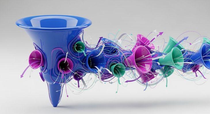 Abstract 3D artwork featuring interconnected blue, pink, and teal horn-like shapes with swirling arrows and lines on a gray background.