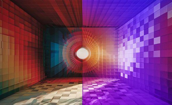 A 3D render of a room made of colour swatches