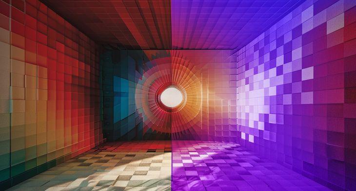 A 3D render of a room made of colour swatches