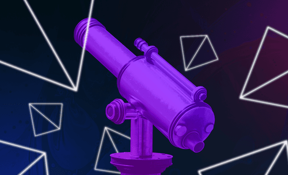 Telescope with wireframe pyramids on neon background.