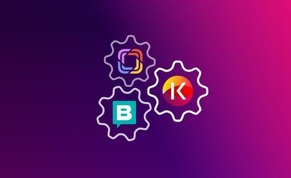 Storyblok Prismic and Kontent logos inside cogs icons on a purple and pink background