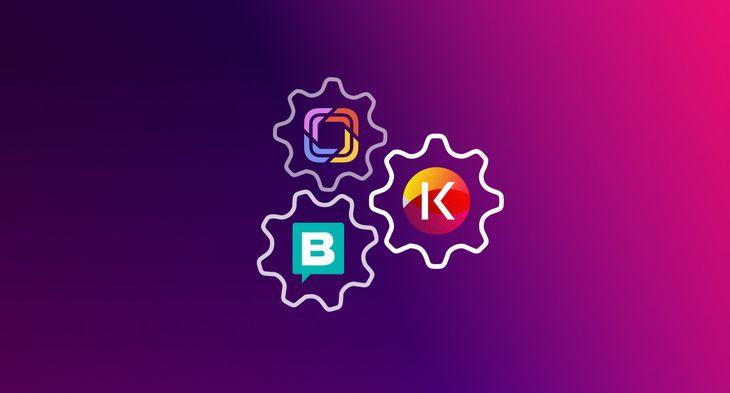 Storyblok Prismic and Kontent logos inside cogs icons on a purple and pink background