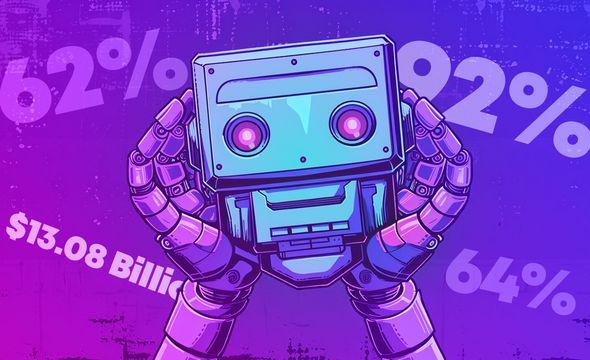 Retro robot head removed from body and being held by robotic hands, illustrative style with statistics numbers in the background