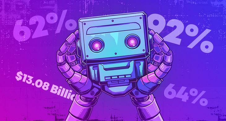 Retro robot head removed from body and being held by robotic hands, illustrative style with statistics numbers in the background