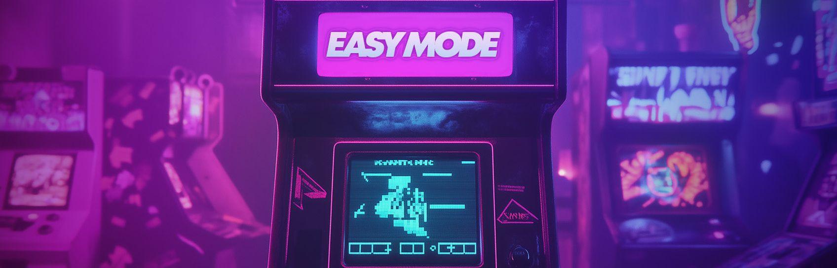 Poorly lit arcade with an arcade machine with a pixelated game on screen and the name of the machine is EASY MODE