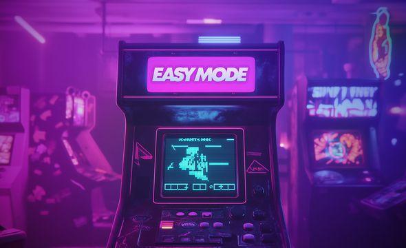 Poorly lit arcade with an arcade machine with a pixelated game on screen and the name of the machine is EASY MODE