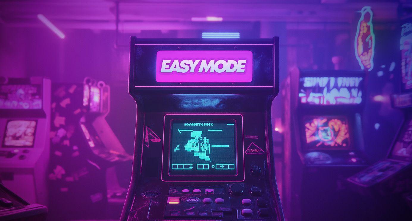 Poorly lit arcade with an arcade machine with a pixelated game on screen and the name of the machine is EASY MODE