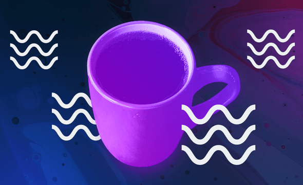 Hot drink in mug with wave icons surrounding it.