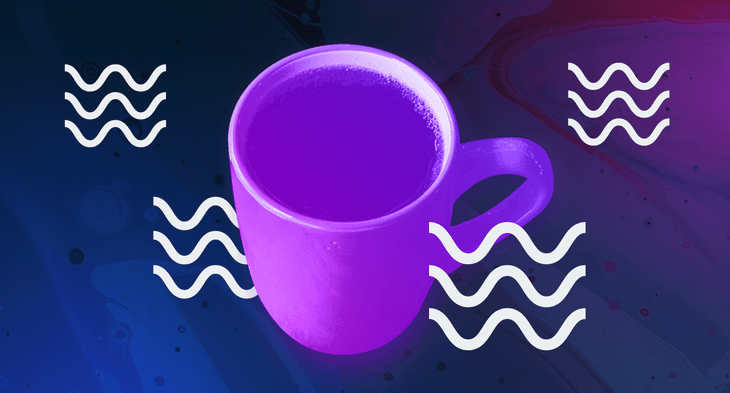 Hot drink in mug with wave icons surrounding it.