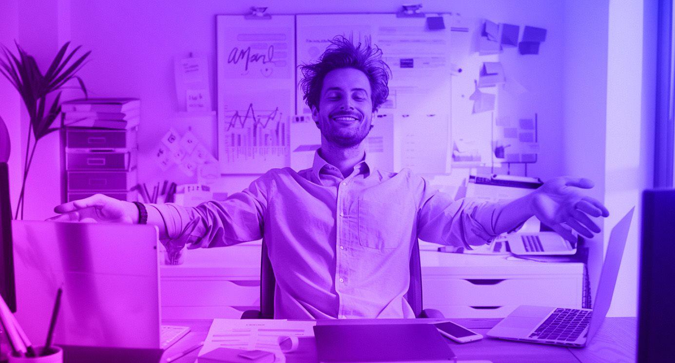 a very happy looking marketing person at his desk