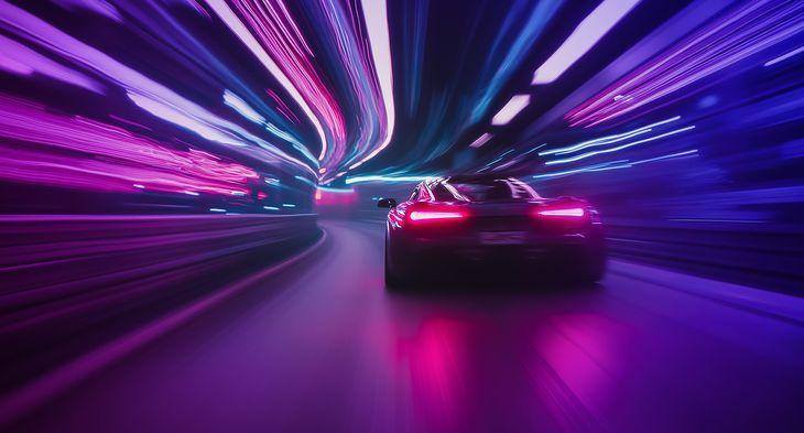 High-performance sports car zooming round a corner in a tunnel of motion blurred neon lights