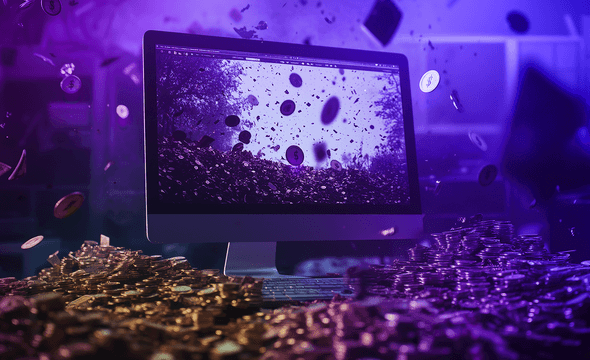 computer monitor in a dimly lit room with gold coins piled up all around it