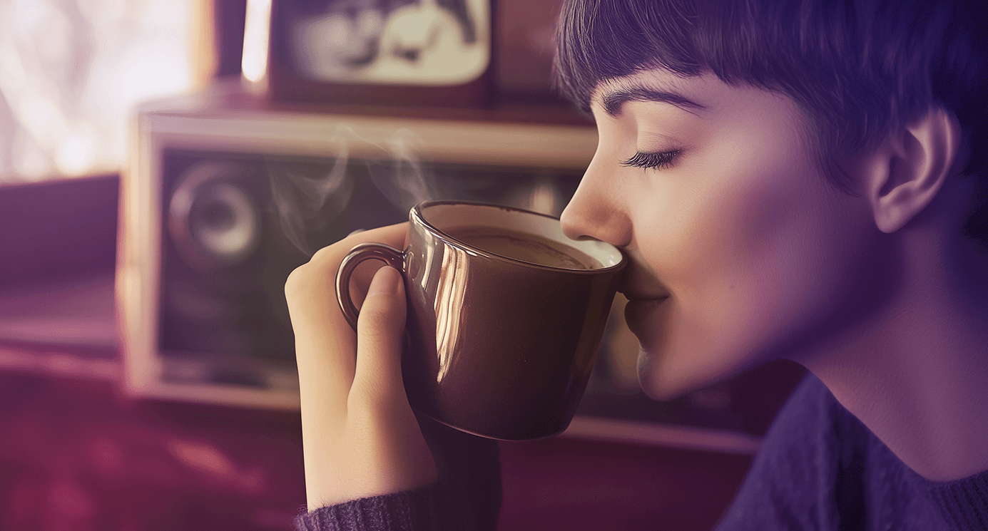 A lady sniffs the aroma of coffee and looks in deep thought