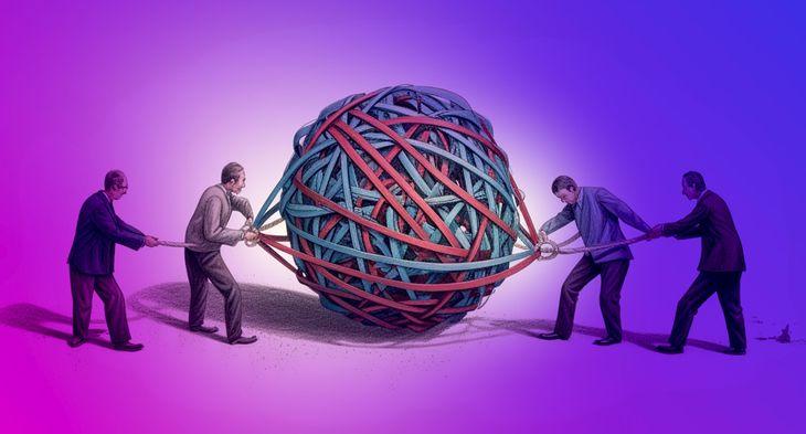 4 men untangling a giant rubber band ball