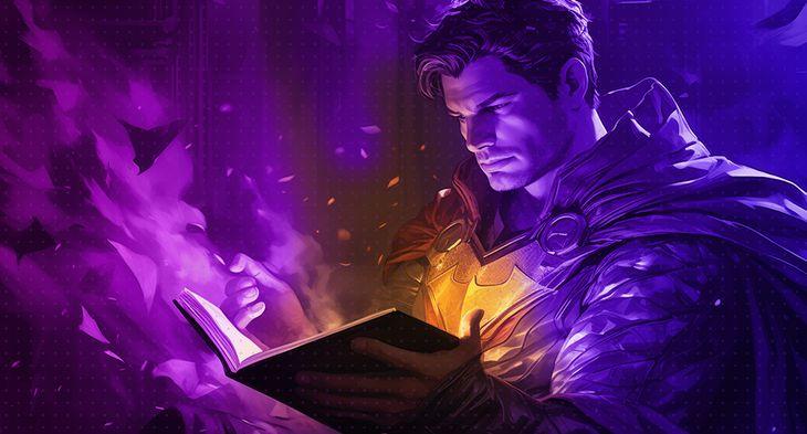 A generic superhero reading a story with a yellow glow coming from the book he is holding