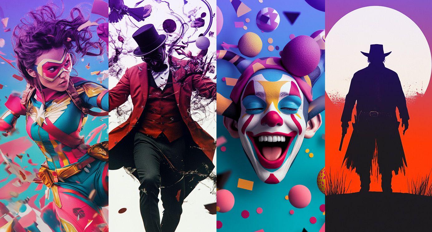 A female superhero a magician a jester and an outlaw side by side