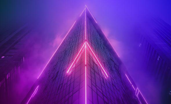 A skyscraper with neon arrows pointing up through the clouds