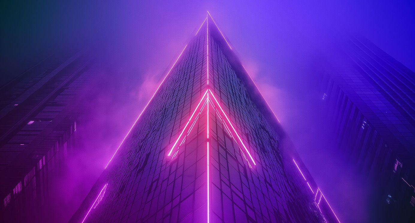 A skyscraper with neon arrows pointing up through the clouds