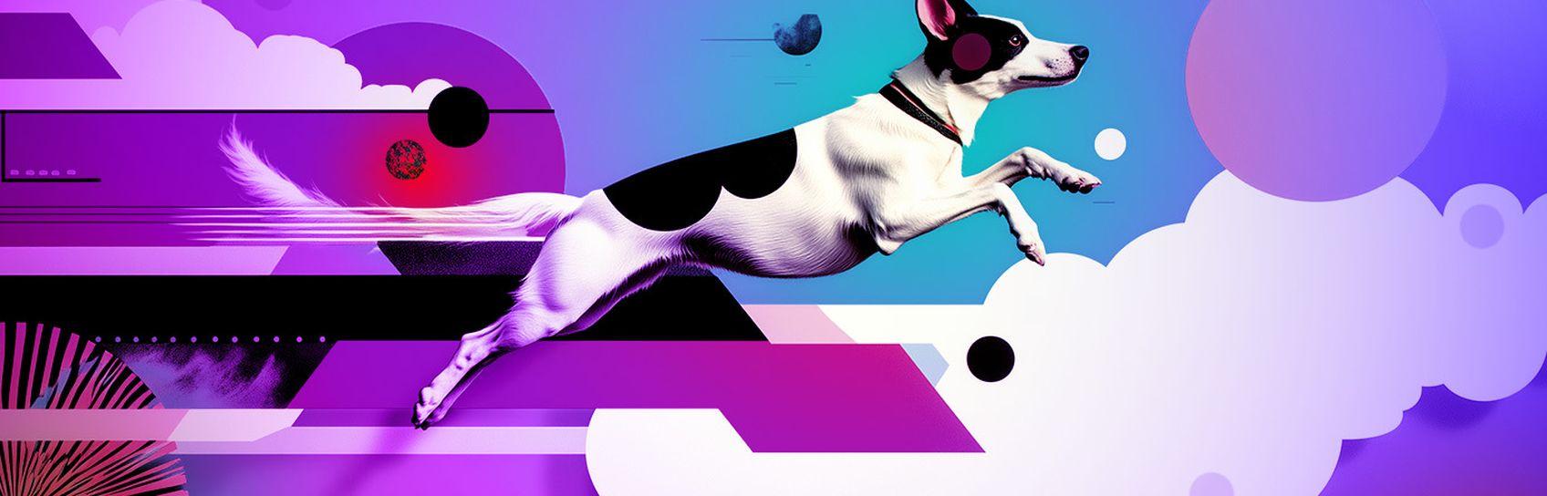 A black and white dog jumping through an illustrative environment of geometric shapes