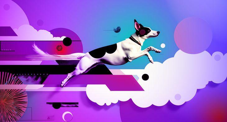 A black and white dog jumping through an illustrative environment of geometric shapes