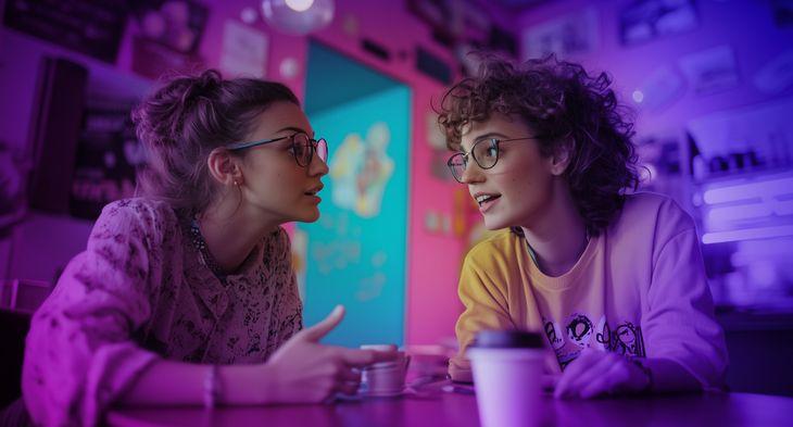 two young trendy ladies chatting over coffee in a vibrant pink coffee shop