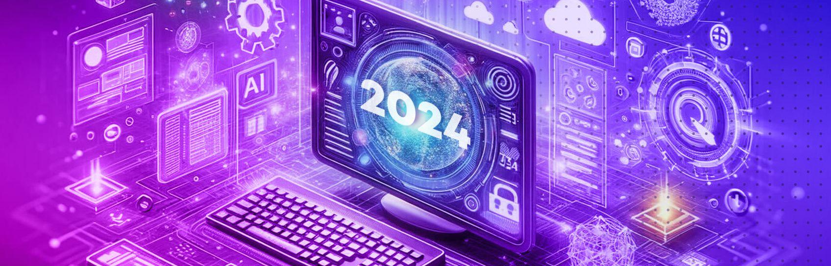 A computer with miscellaneous futuristic elements around in and 2024 on screen.