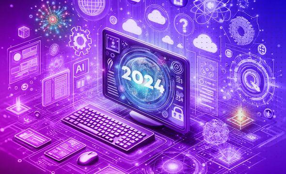 A computer with miscellaneous futuristic elements around in and 2024 on screen.