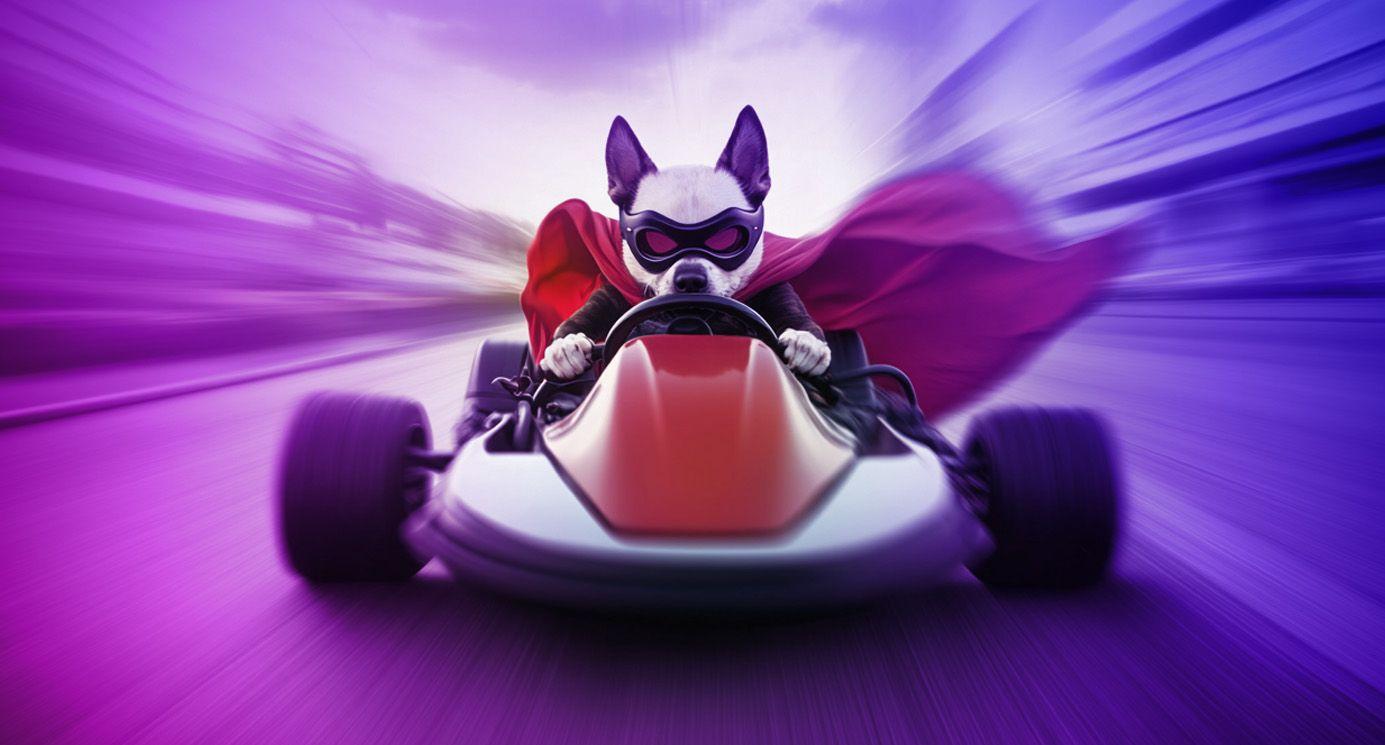 Superhero dog character driving a gokart at top speed towards the camera