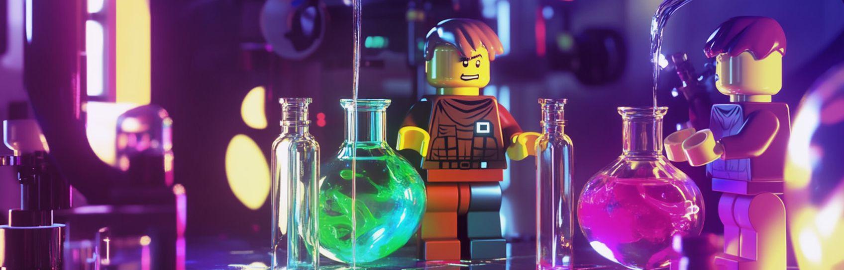 A digital artwork of Lego figures conducting a chemistry experiment with colorful chemical reactions in test tubes, vivid gases and liquids swirling around them in a futuristic lab