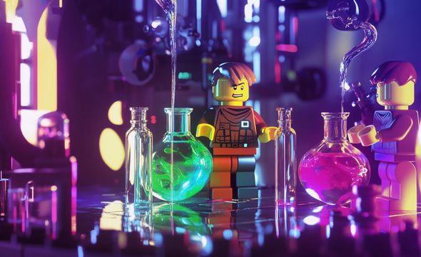 A digital artwork of Lego figures conducting a chemistry experiment with colorful chemical reactions in test tubes, vivid gases and liquids swirling around them in a futuristic lab