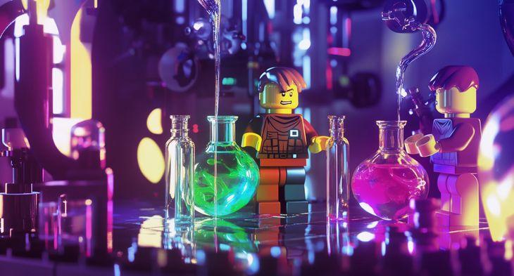 A digital artwork of Lego figures conducting a chemistry experiment with colorful chemical reactions in test tubes, vivid gases and liquids swirling around them in a futuristic lab