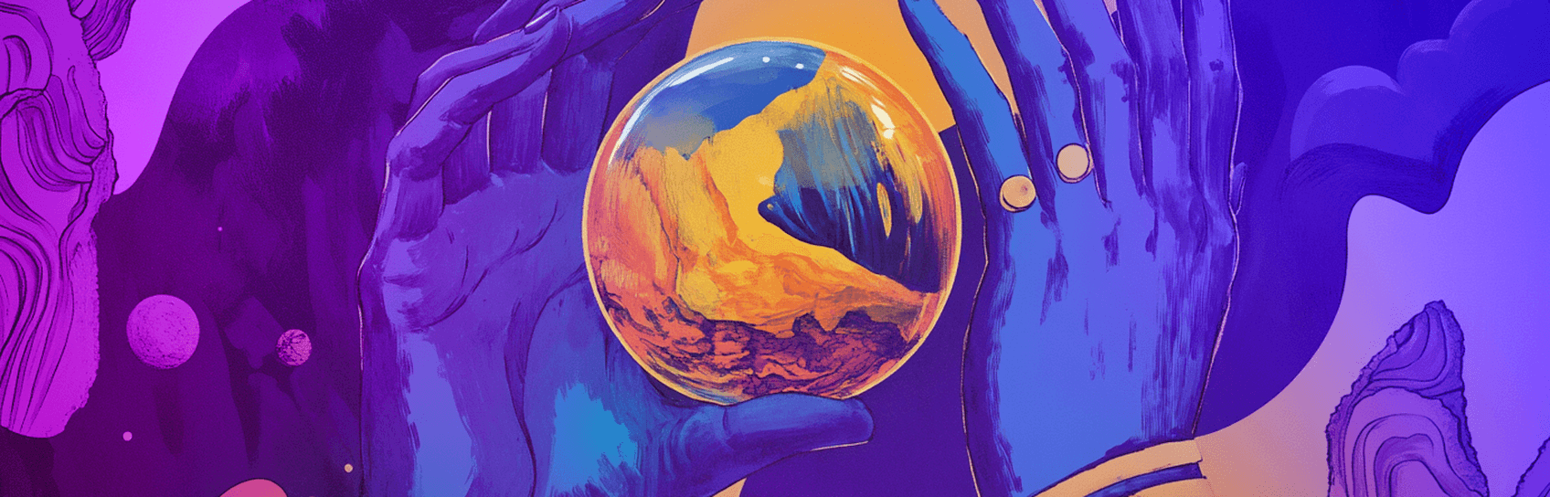 painting of some hands around a crsytal ball in purples and yellows
