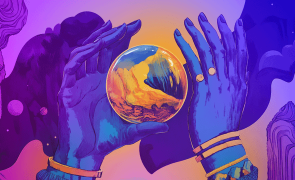 painting of some hands around a crsytal ball in purples and yellows