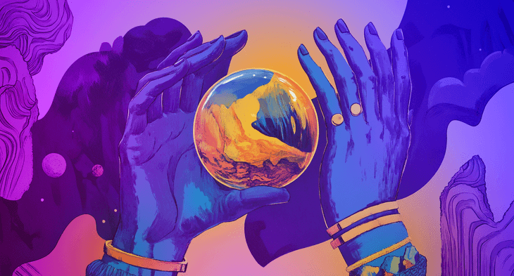 painting of some hands around a crsytal ball in purples and yellows