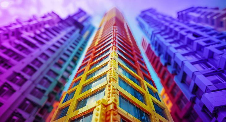 A skyscraper made from LEGO bricks representing scalable growth