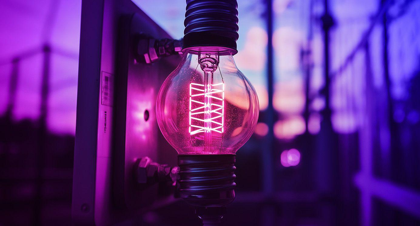 A halogen lightbulb with glowing filament on a blurry industrial background