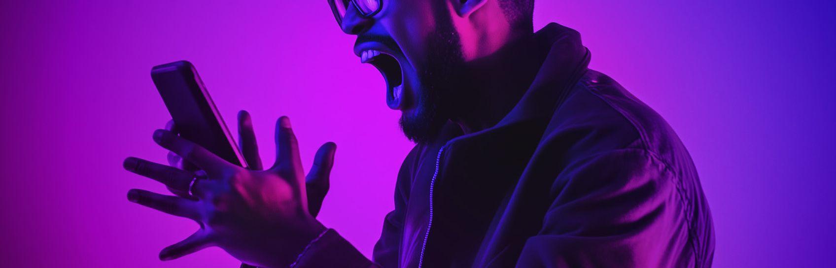 man screaming at his mobile phone studio lighting in pink and purples