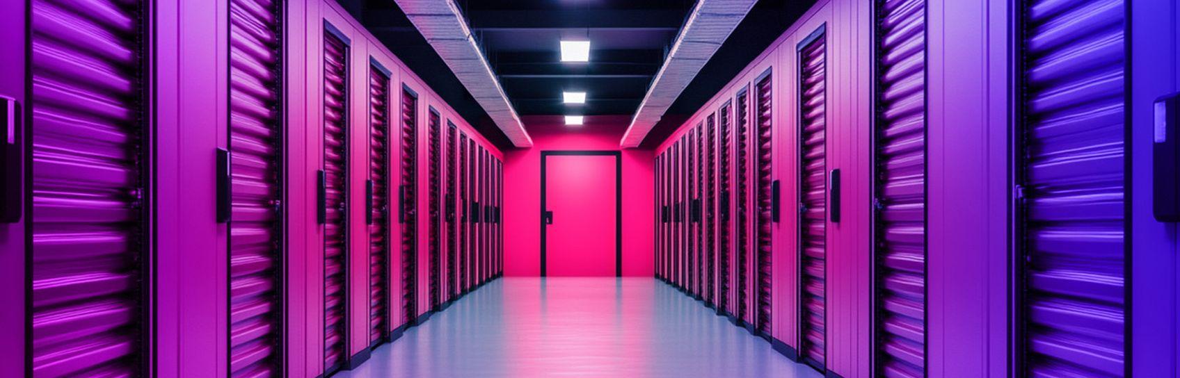 A storage unit corridor of closed doors to storage units lit by fluorescent lighting