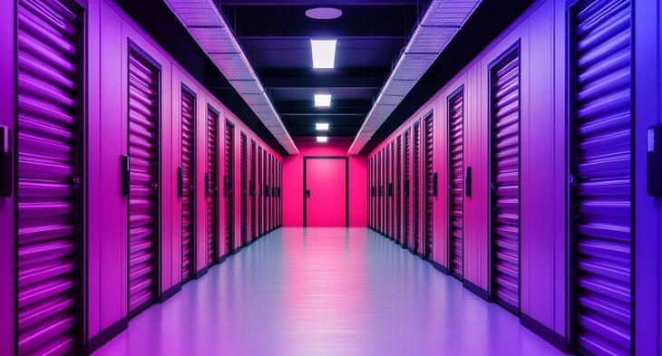 A storage unit corridor of closed doors to storage units lit by fluorescent lighting