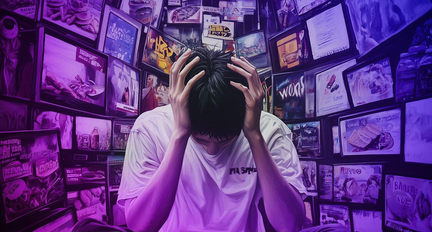 An individual holding his head trapped in a maze of screens and advertisements