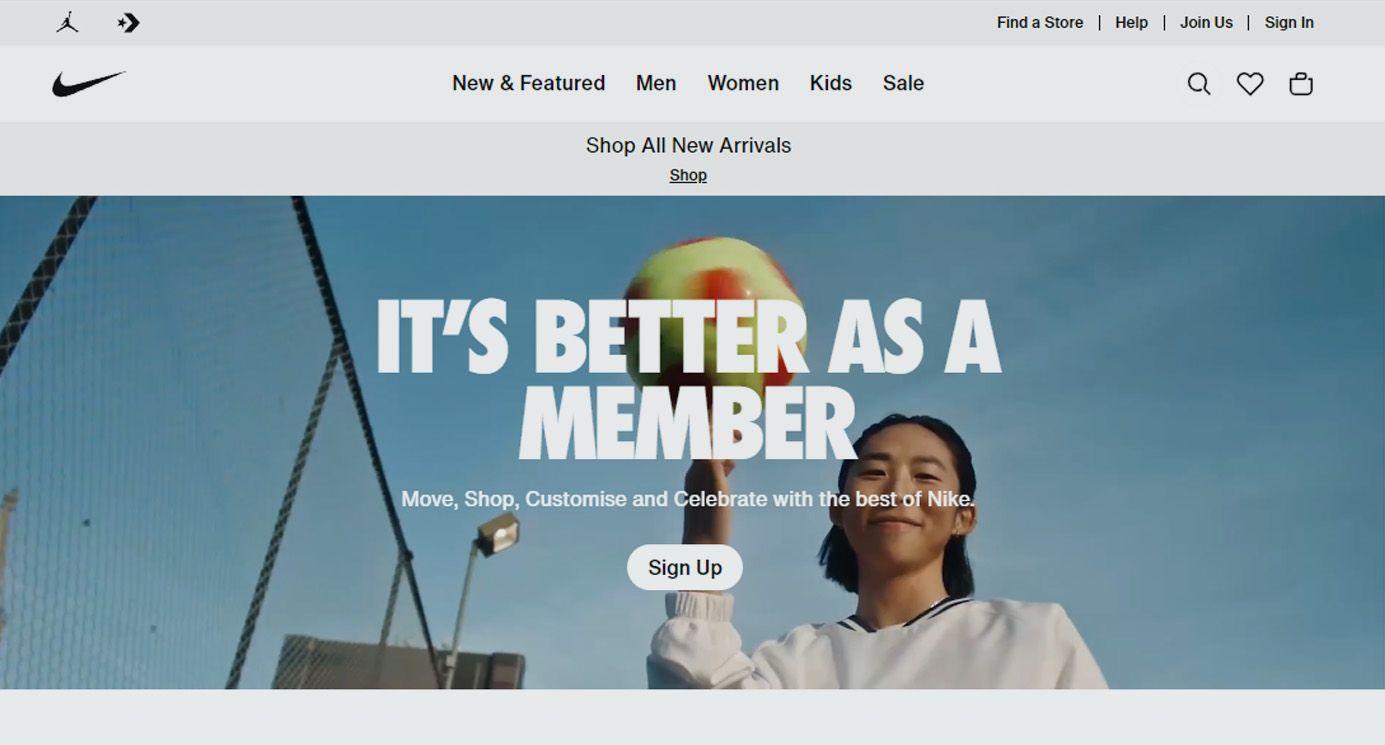 Screenshot of Nikes online store homepage