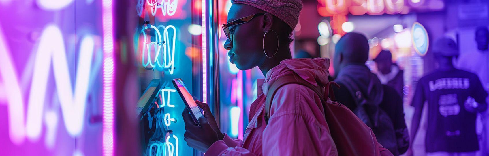 A lady checking on her mobile phone whilst window shopping with neon lights and people in the background