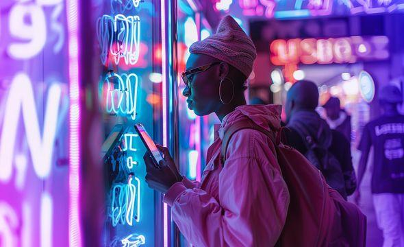 A lady checking on her mobile phone whilst window shopping with neon lights and people in the background